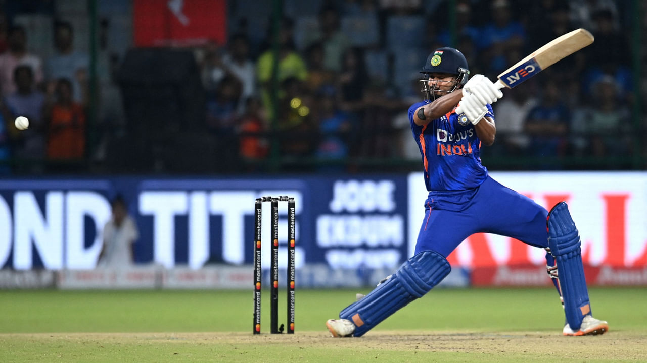 Shreyas Iyer plays a shot during the third and final ODI cricket match between India and South Africa at the Arun Jaitley Stadium in New Delhi on October 11, 2022. Credit: AFP Photo