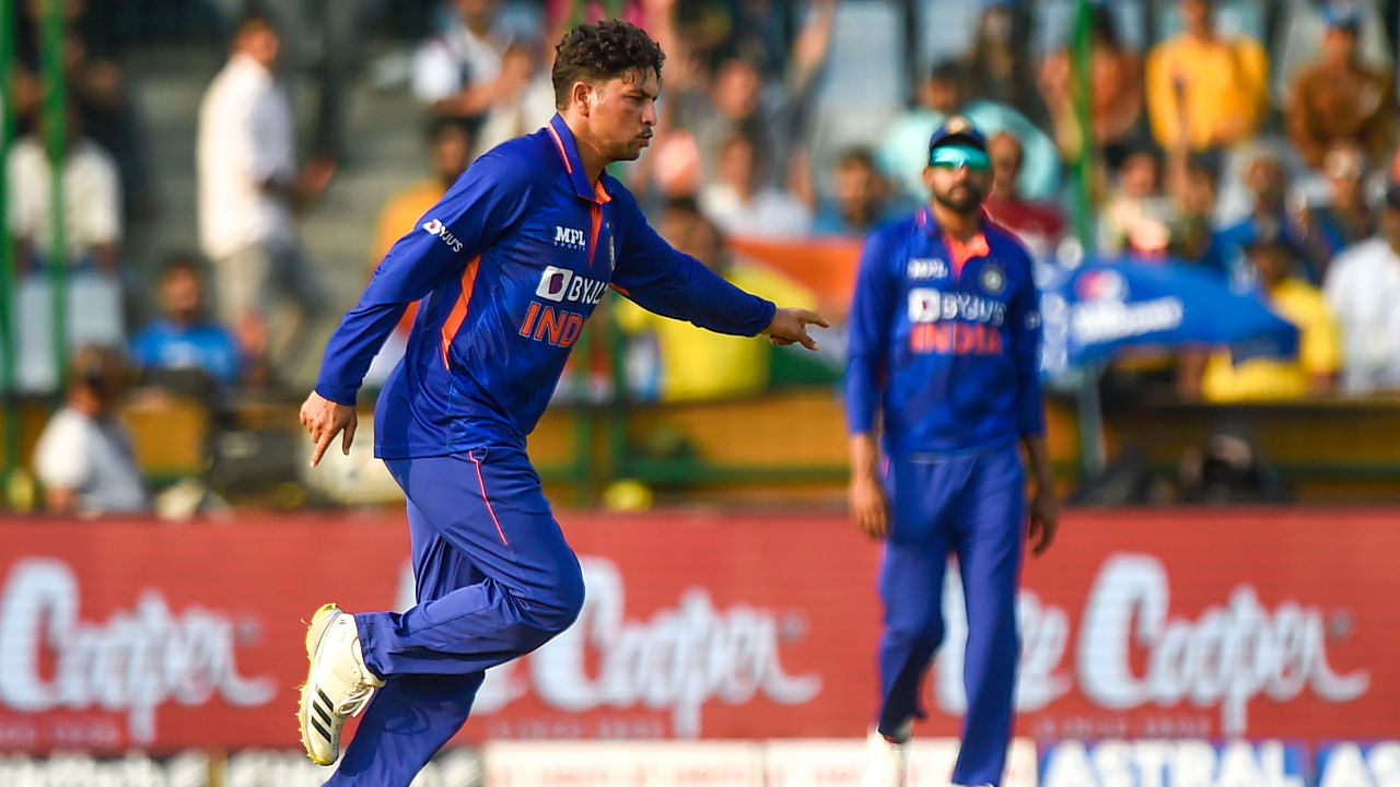 Indian bowler Kuldeep Yadav celebrates the wicket of Bjorn Fortuin during the 3rd ODI cricket match between India and South Africa, at the Arun Jaitley Stadium in New Delhi, Tuesday, Oct. 11, 2022. Credit: PTI Photo