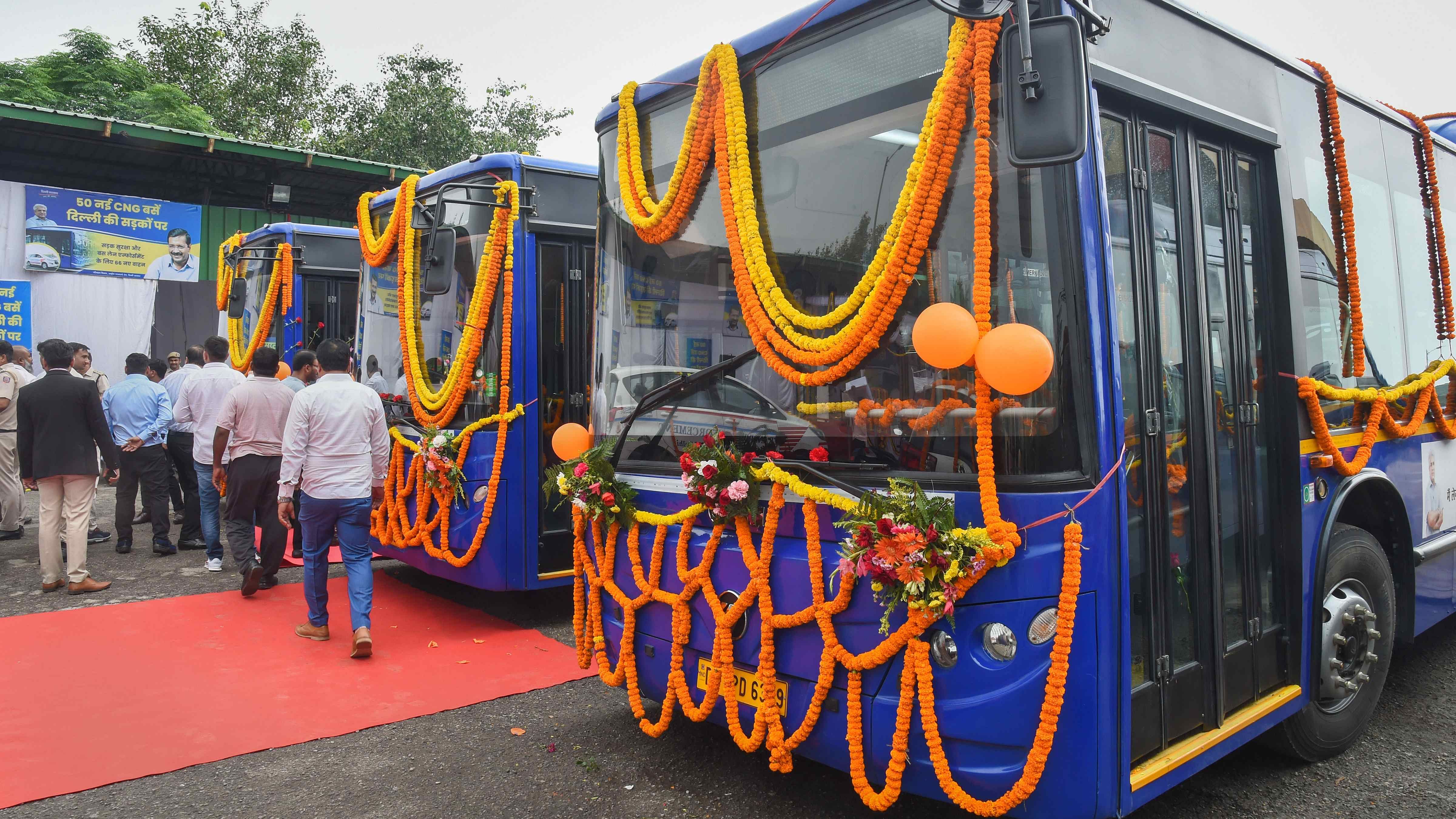 CNG buses during their flag-off ceremony, at Rajghat Depot in New Delhi, Tuesday, Oct. 11, 2022. Credit: PTI Photo