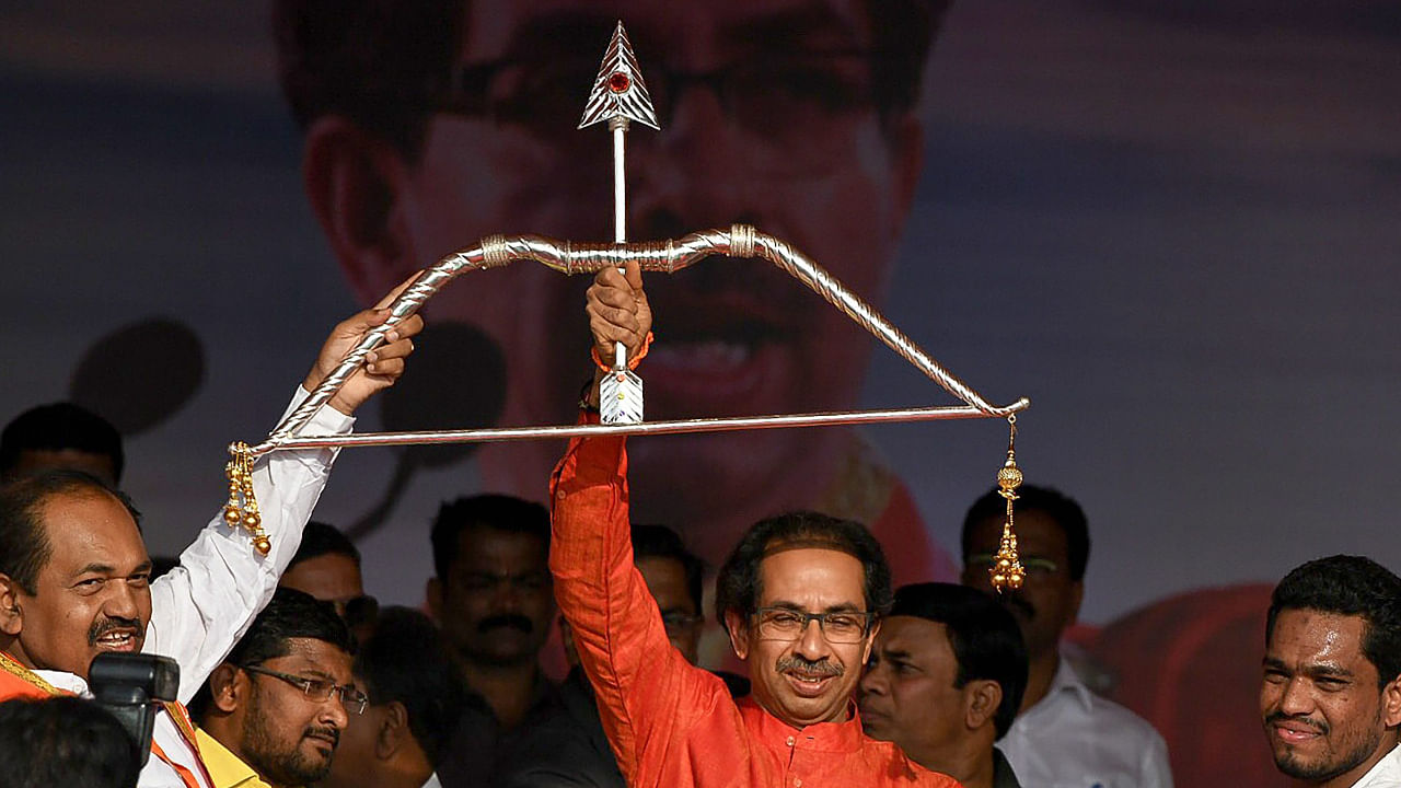 Shiv Sena chief Uddhav Thackeray with the party's earlier 'bow and arrow' symbol. Credit: PTI File Photo