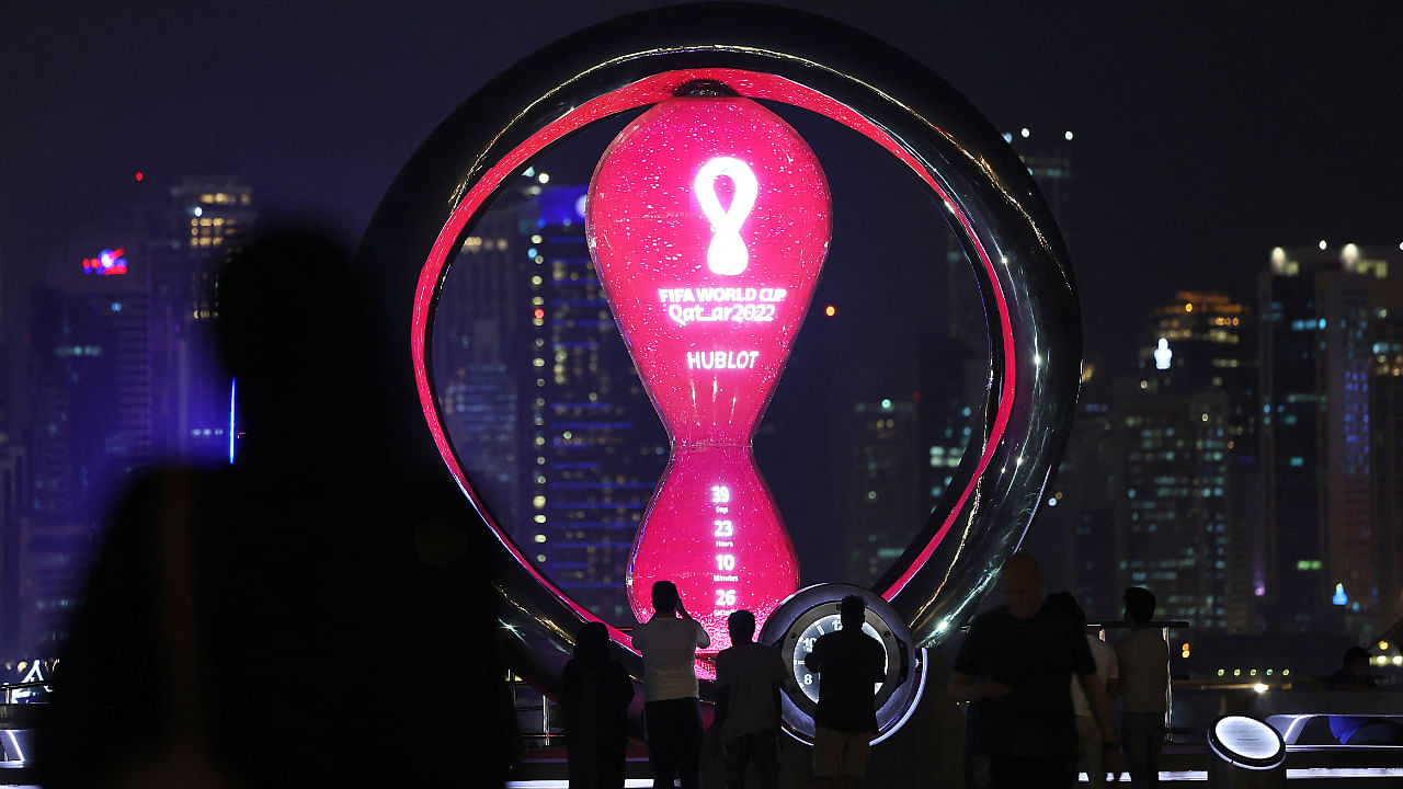 A picture taken on October 11, 2022 shows countdown clock in the Qatari capital Doha ahead of the FIFA 2022 football World Cup. Credit: AFP Photo