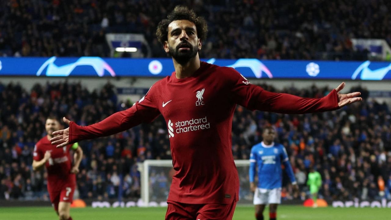 Liverpool's Mohamed Salah celebrates scoring their sixth goal. Credit: Reuters Photo