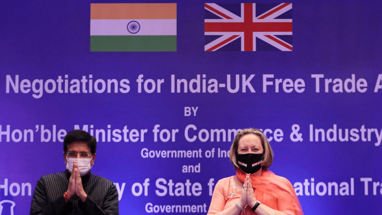 India's Minister of Commerce and Industry, Piyush Goyal, and former British Secretary of State for International Trade Anne-Marie Trevelyan. Credit: Reuters Photo