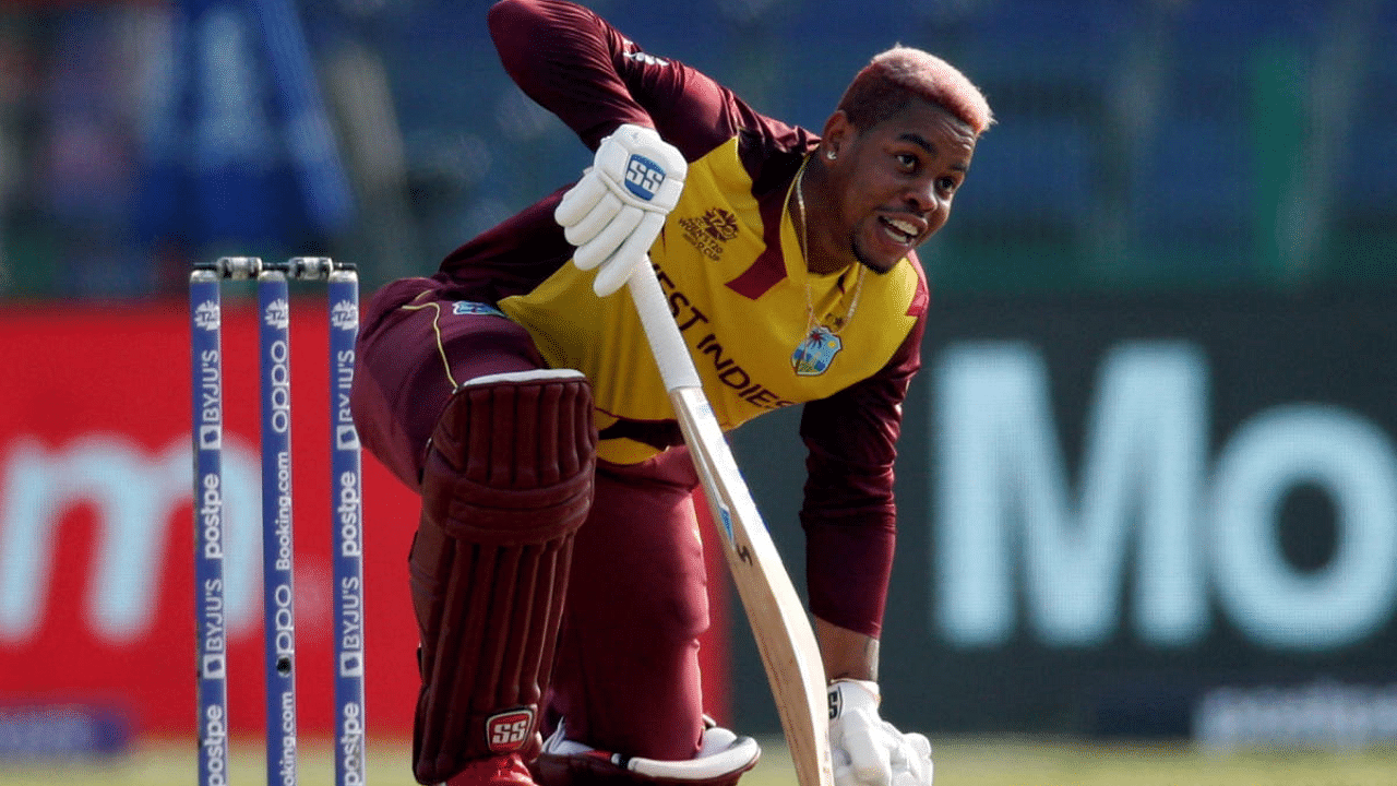 West Indies' Shimron Hetmyer reacts after being hit by the ball. Credit: Reuters Photo