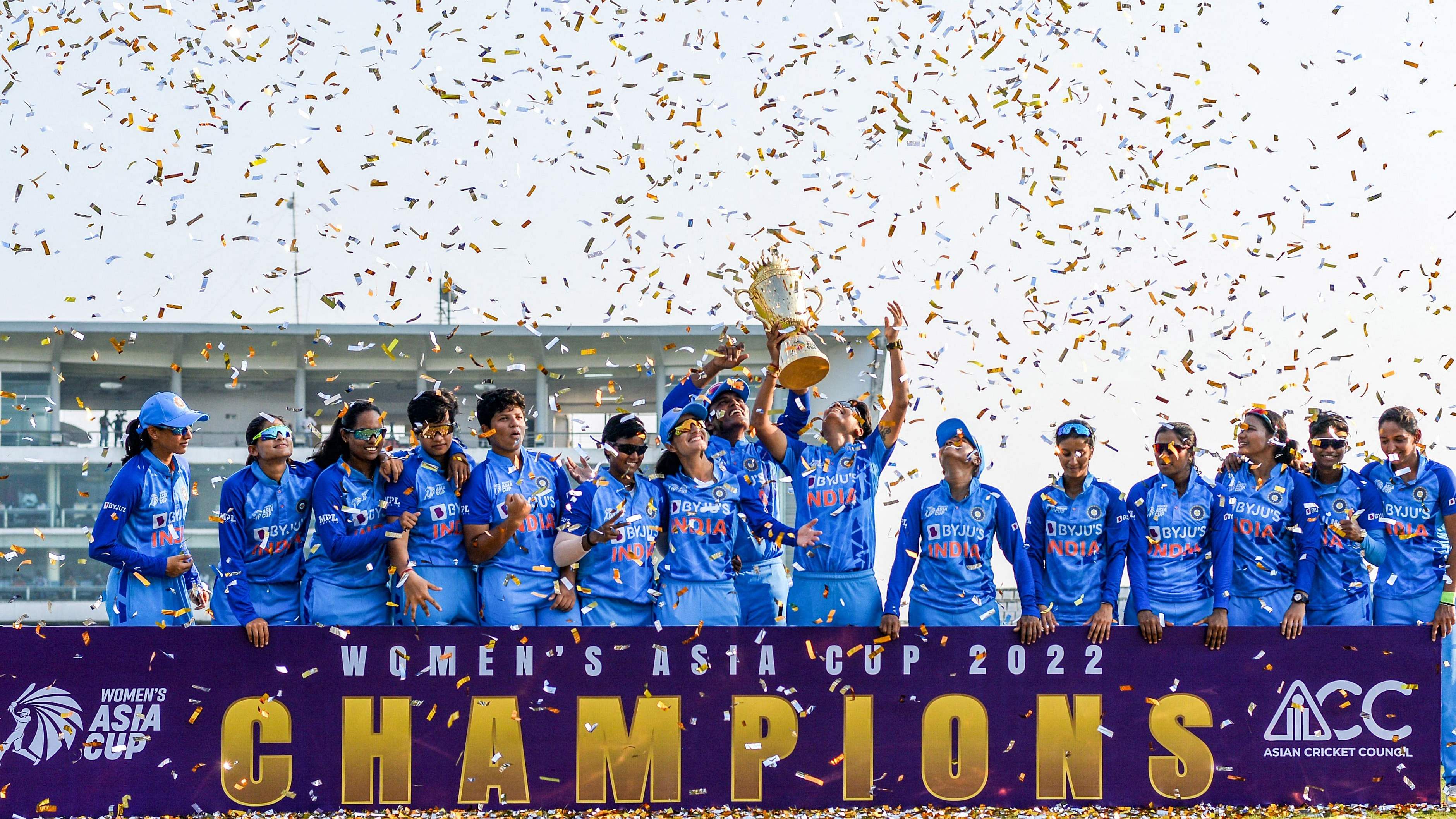 India’s cricketers celebrate their victory at the end of the women's Asia Cup final cricket match. Credit: AFP Photo