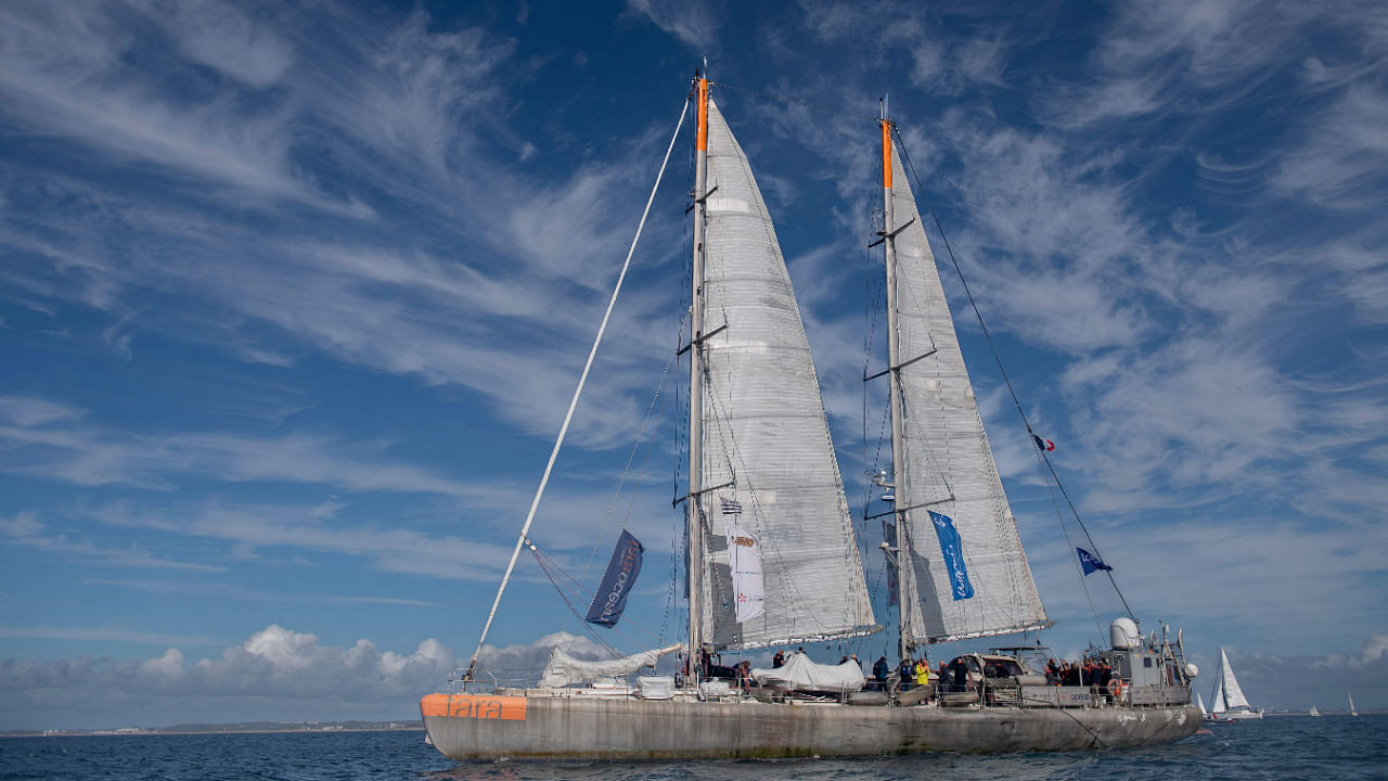 The scientific schooner Tare returns from a 22-month expedition to the South Atlantic where underwater microbiom took place, sails into its home port of Lorient, western France. Credit: AFP Photo
