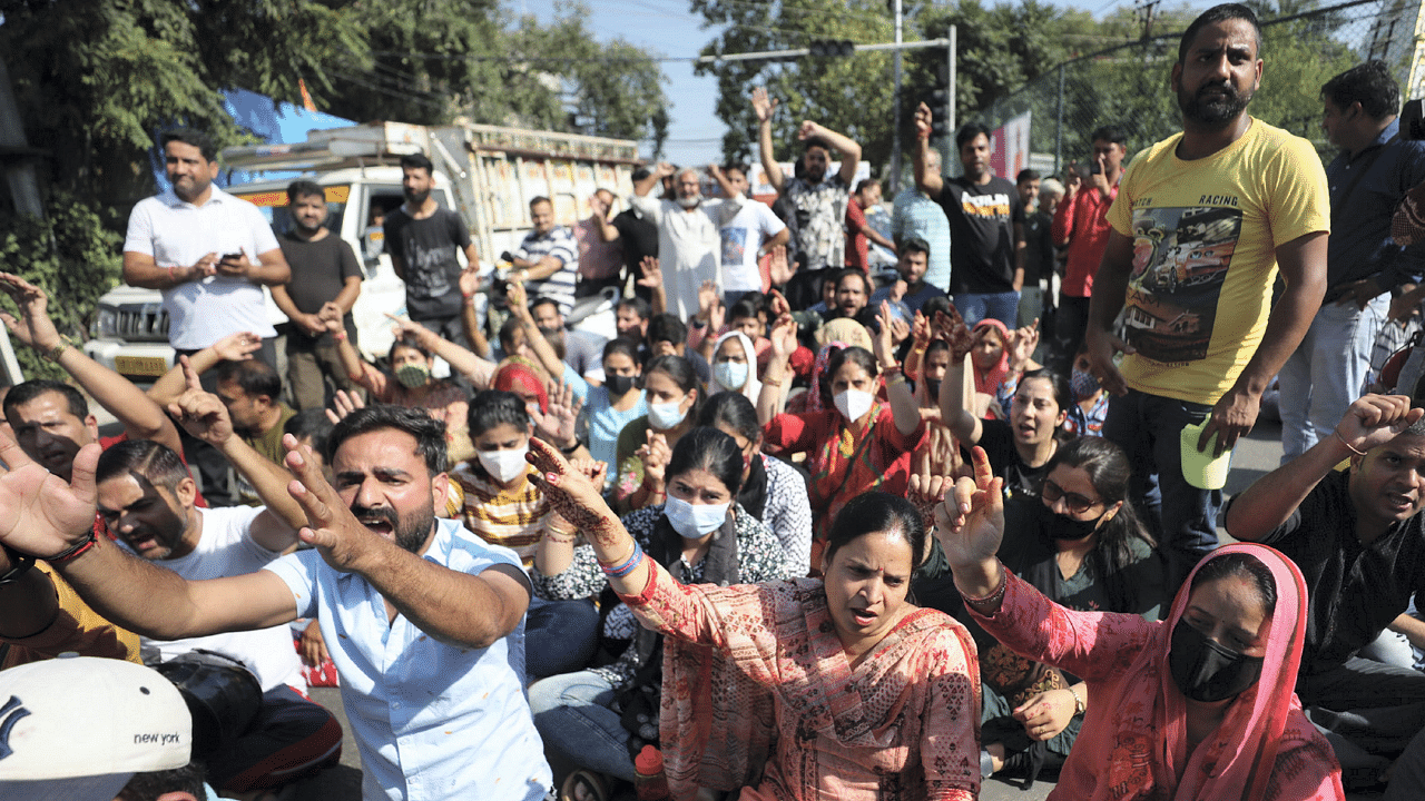 Kashmiri Pandits protest in Shopian. Credit: PTI Photo