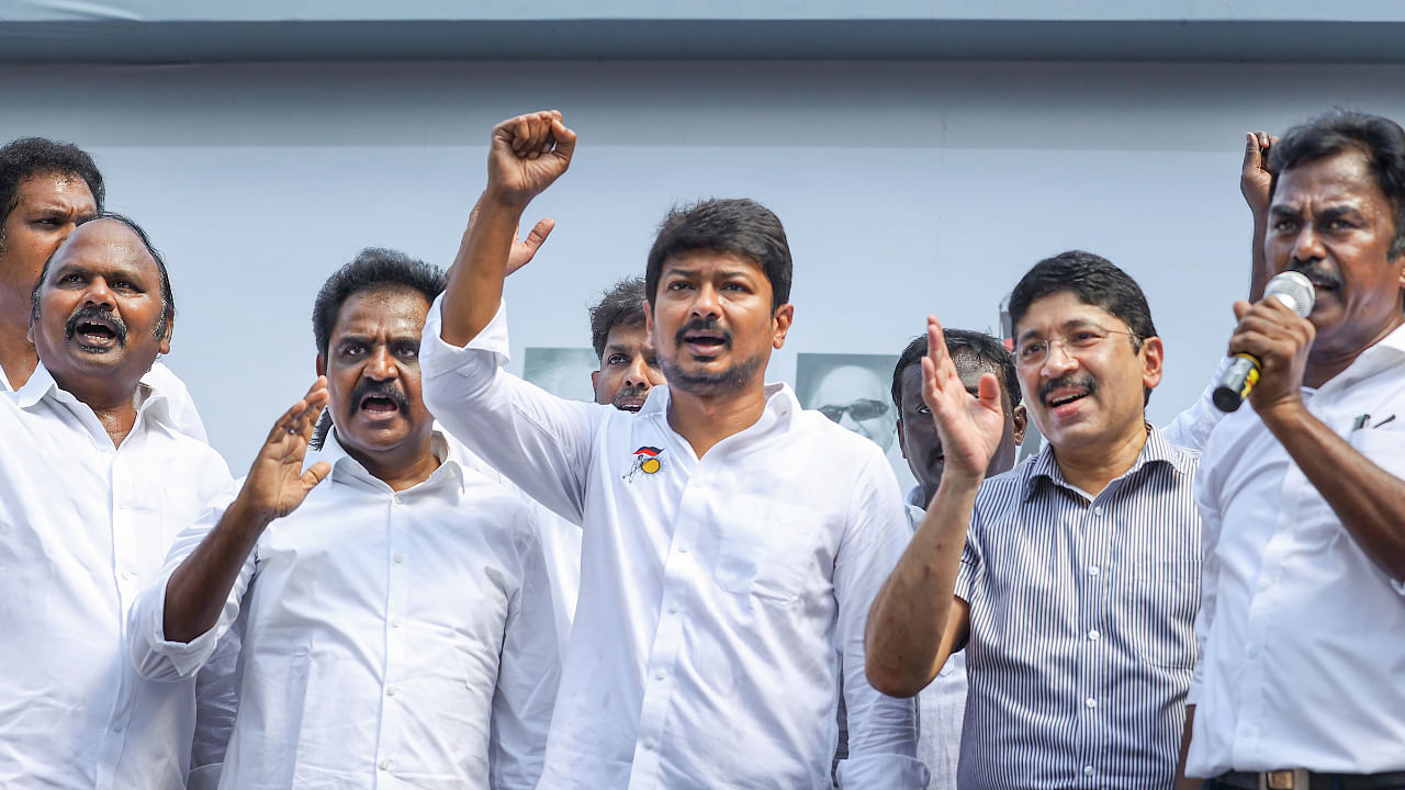 DMK Youth Wing Secretary and MLA Udhayanidhi Stalin with party leader Dayanidhi Maran and others during a protest against the parliamentary committee's recommendation to make Hindi the medium of instruction in central educational institutes, in Chennai. Credit: PTI Photo