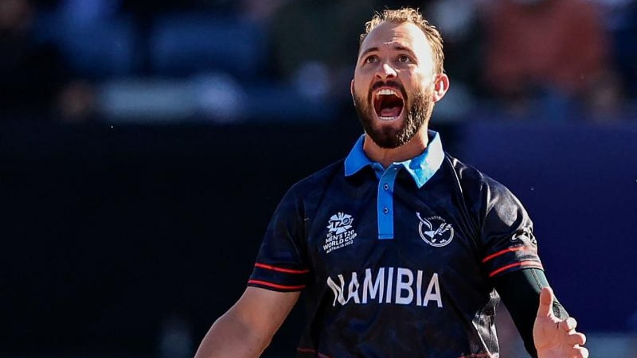 Namibia's Jan Frylinck reacts during the Australia 2022 Twenty20 World Cup cricket tournament match between Sri Lanka and Namibia. Credit: AFP Photo