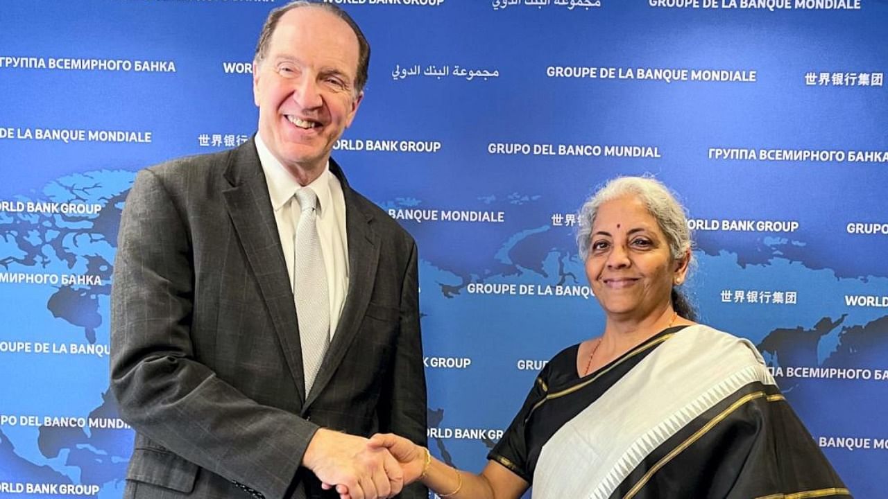 Indian FM Nirmala Sitharaman and David Malpass at the World Bank headquarters in Washington. Credit: PTI Photo