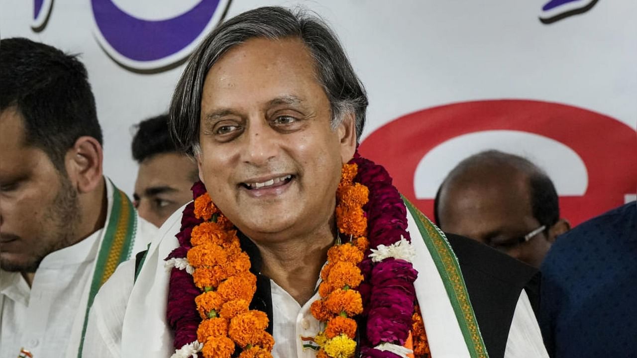 Congress party presidential candidate Shashi Tharoor at a press conference. Credit: PTI Photo