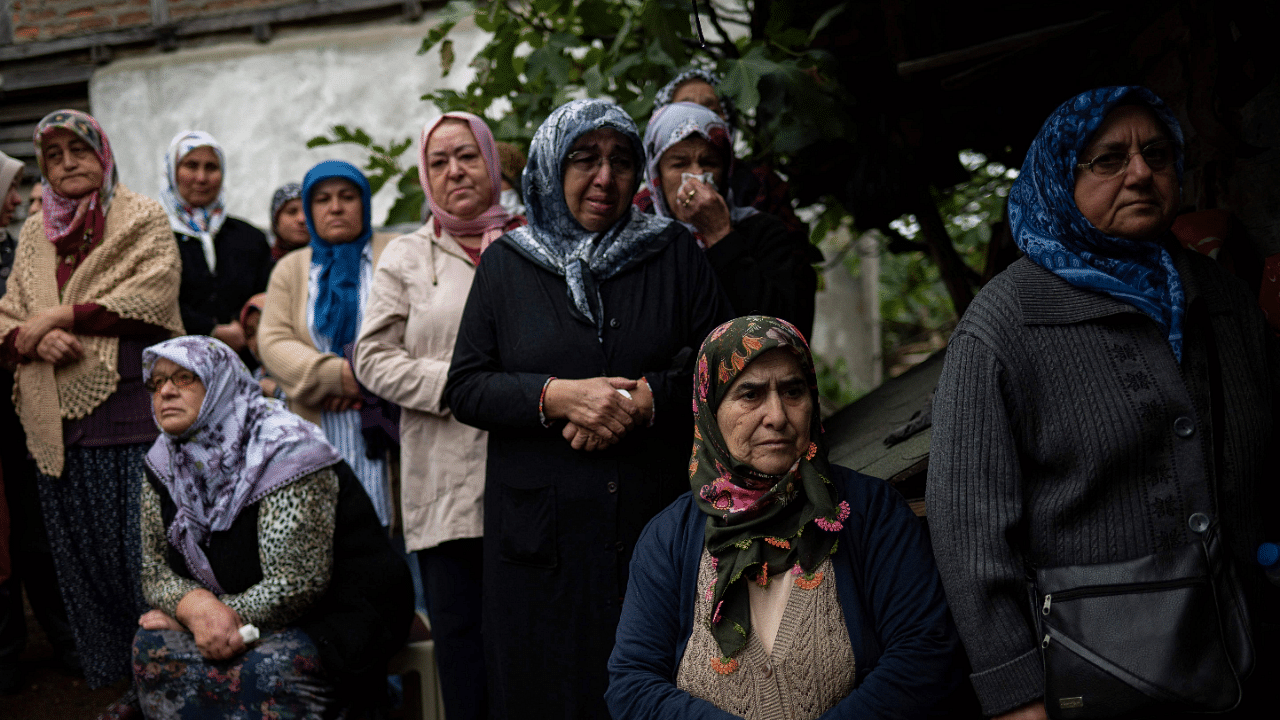 Women mourners gather during the funeral of Saban Yildirim killed in an explosion in a coal mine in the town of Amasra. Credit: AFP Photo