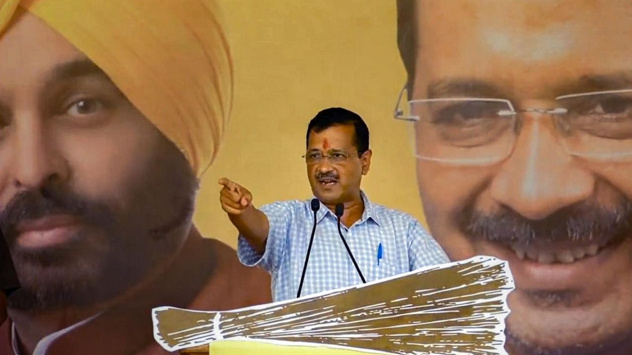 Delhi Chief Minister Arvind Kejriwal speaks during a public meeting at Unjha in Mehsana district. Credit: PTI Photo