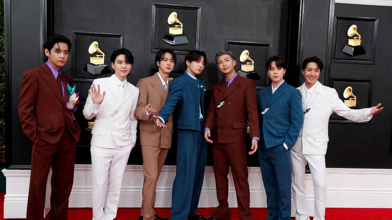 BTS pose on the red carpet as they attend the 64th Annual Grammy Awards at the MGM Grand Garden Arena in Las Vegas. Credit: Reuters photo