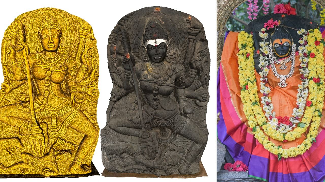 (L) The digitised version of ‘vana durga'; (C) The idol in its original form; (R) The fully decked idol in the village of Marasuru located in Anekal taluk. Credit: Mythic Society & DH Photo/S K Dinesh