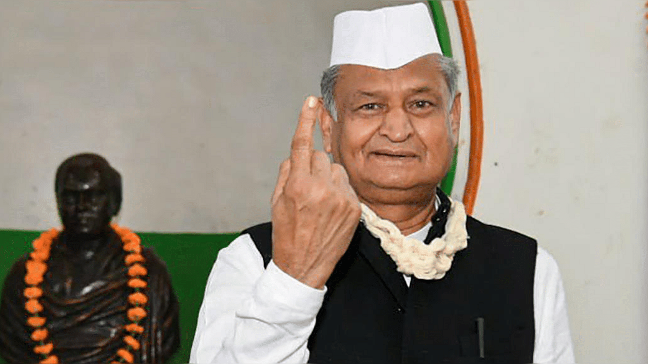  Rajasthan Chief Minister Ashok Gehlot after casting his vote for the Congress Party's presidential election. Credit: PTI Photo