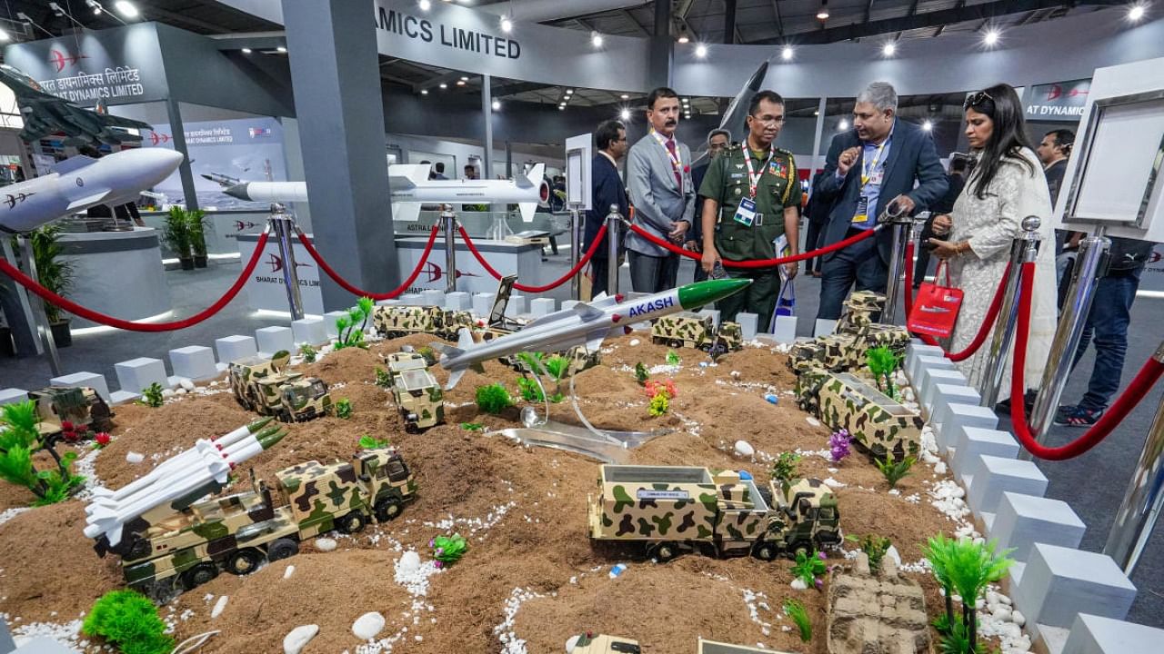 An exhibit of medium-range mobile surface-to-air missile system Akash at the 12th edition of DefExpo in Gandhinagar. Credit: PTI Photo