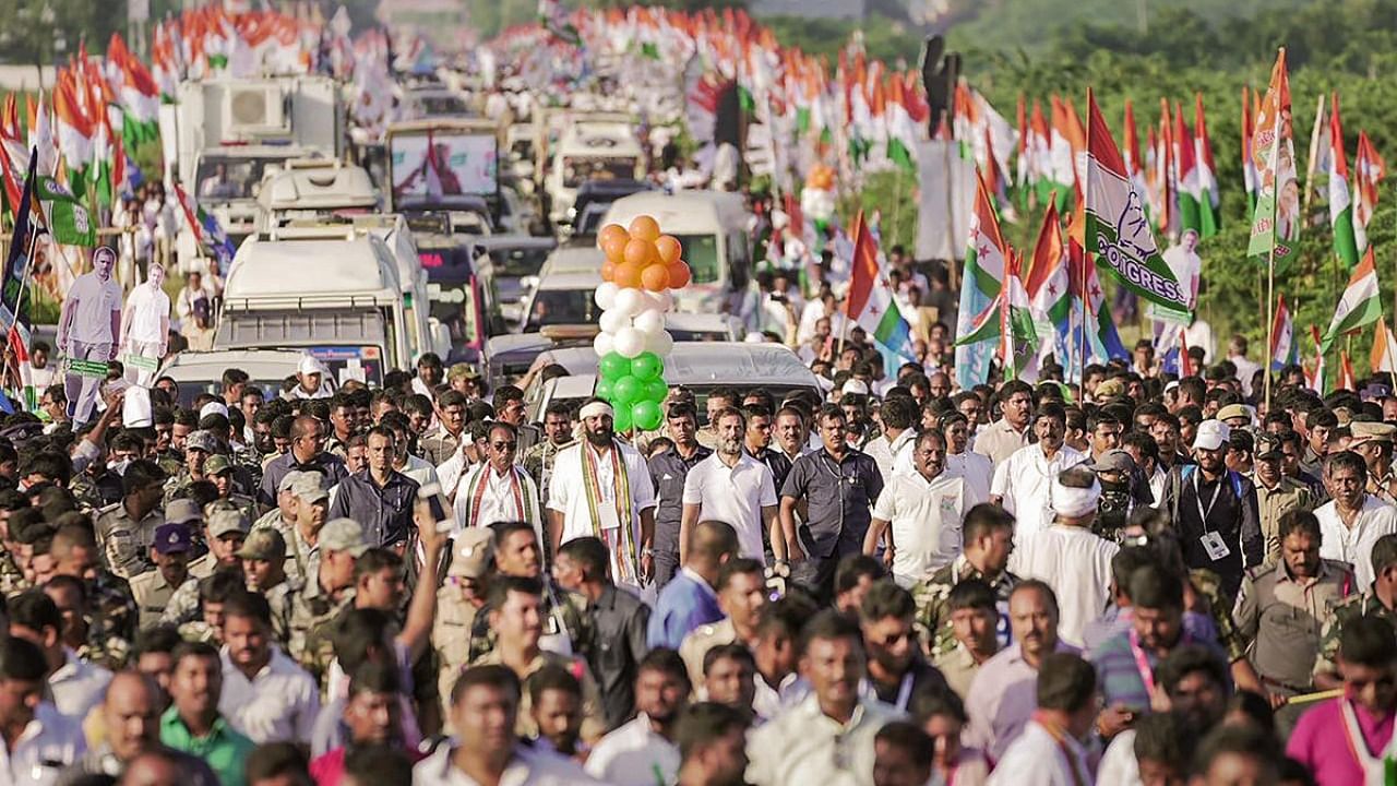 Congress leader Rahul Gandhi with party leaders during the Bharat Jodo Yatra, in Kurnool district of Andhra Pradesh. Credit: PTI Photo