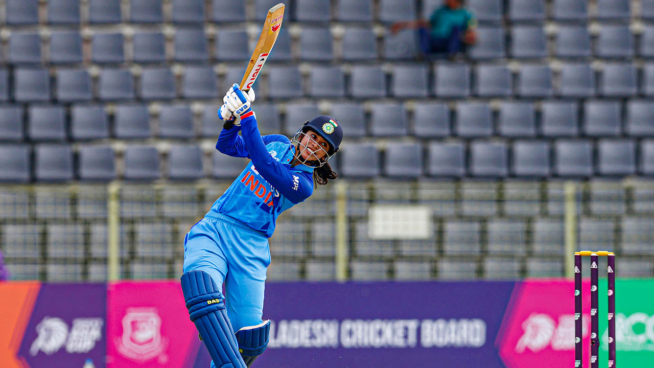 Smriti Mandhana plays a shot during the Women's Asia Cup 2022 cricket match between India and Bangladesh, at Sylhet International Cricket Stadium, Sylhet. Credit: PTI Photo