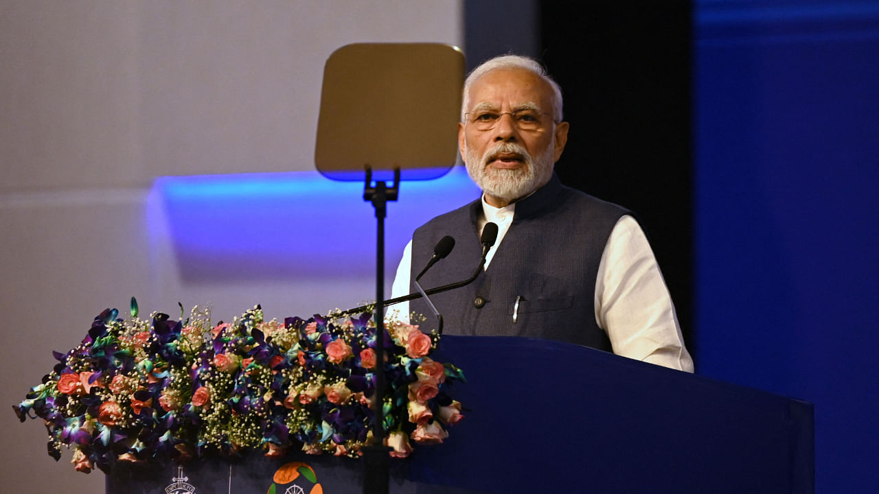 Prime Minister Narendra Modi speaks during the inaugural ceremony of the 90th General Assembly of the Interpol in New Delhi, October 18, 2022. Credit: AFP Photo