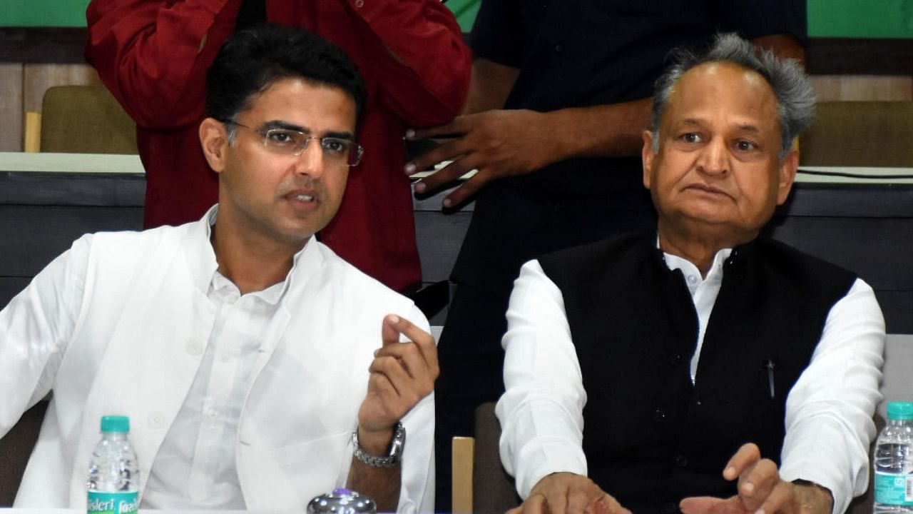 Rajasthan CM Ashok Gehlot with Congress leader Sachin Pilot. Credit: PTI File Photo