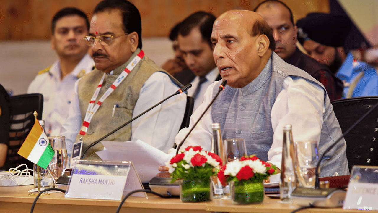 Defence Minister Rajnath Singh speaks at the India-Africa Defence Dialogue (IADD), in Gandhinagar. Credit: PTI Photo