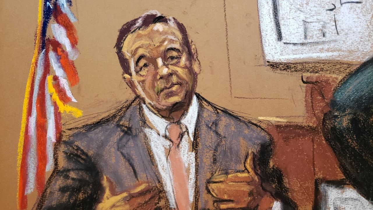 Kevin Spacey testifies during Anthony Rapp's civil sex abuse case against Spacey in this courtroom sketch from the trial in New York. Credit: Reuters Photo