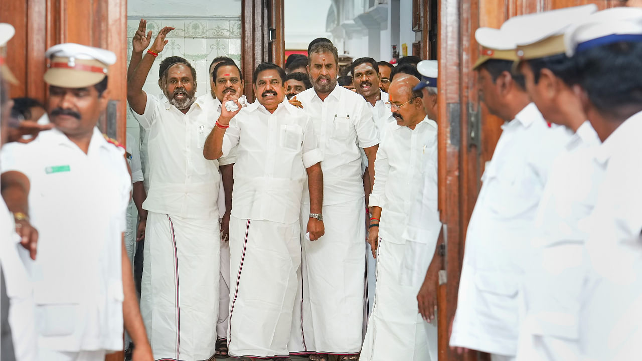 Opposition leader Edappadi K Palaniswami walks out of Assembly along with party MLAs, at Fort St George, in Chennai, Tuesday, Oct. 18, 2022. Credit: PTI Photo