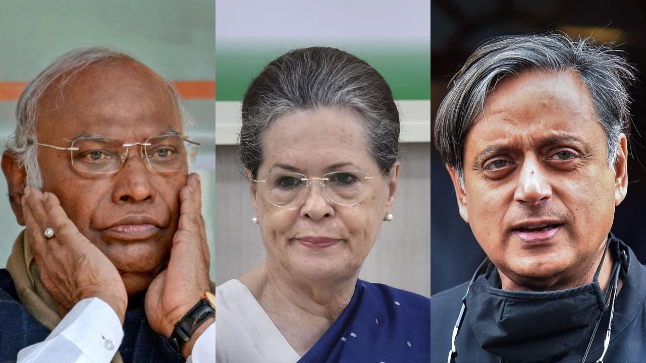 Mallikarjun Kharge, Sonia Gandhi, Shashi Tharoor. Credit: PTI