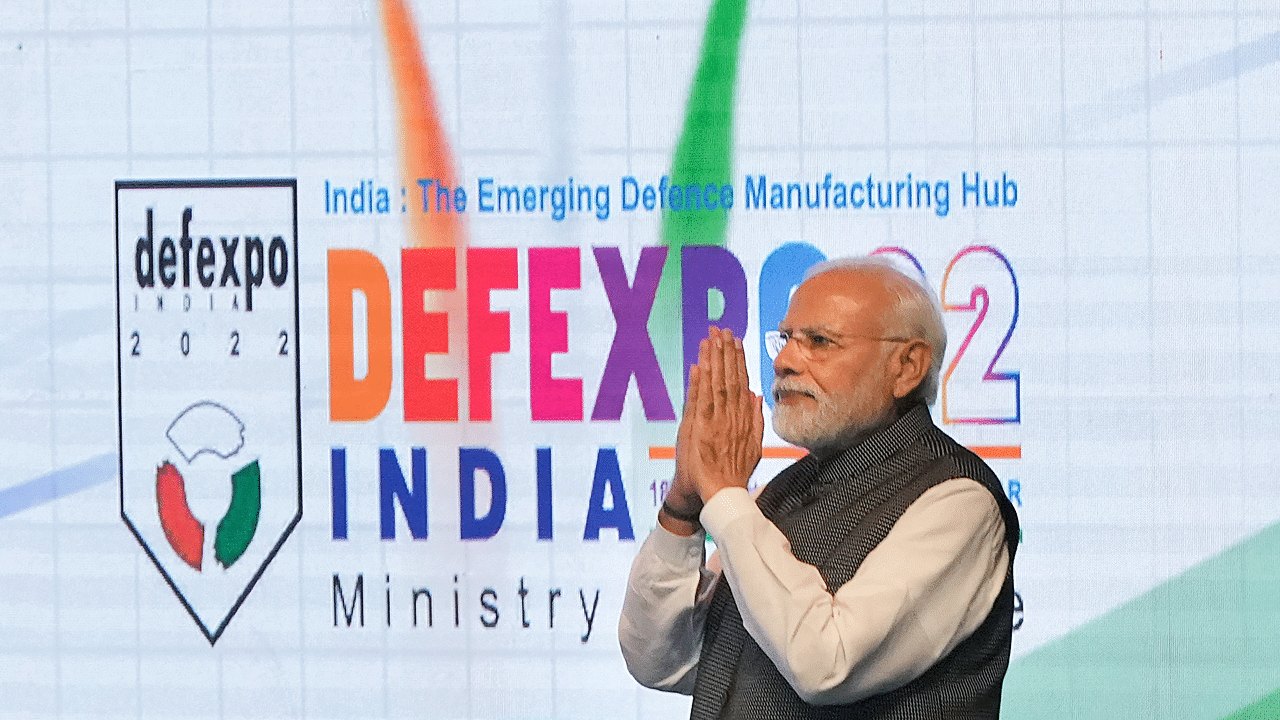 Prime Minister Narendra Modi at the inauguration of DefExpo 22, in Gandhinagar. Credit: PTI Photo