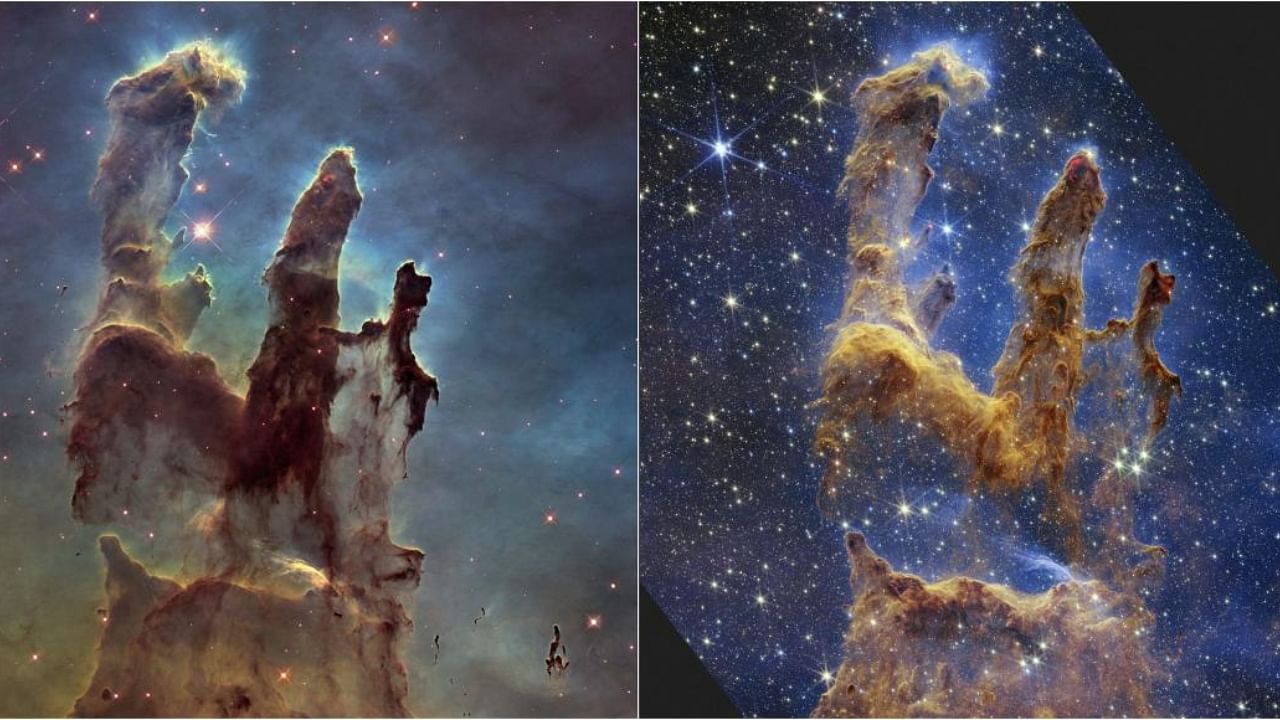 This combination image provided by NASA on Wednesday, Oct. 19, 2022, shows the Pillars of Creation as imaged by NASA's Hubble Space Telescope in 2014, left, and by NASA's James Webb Telescope, right. Credit: AP/PTI Photo