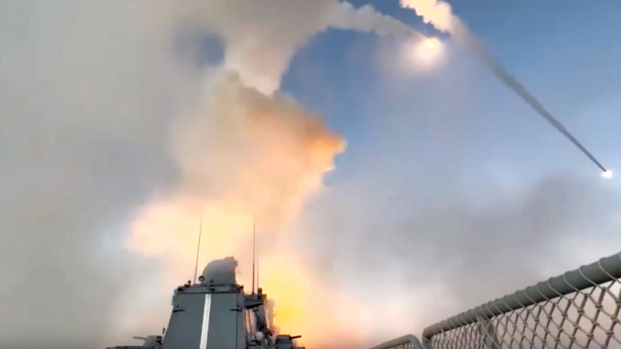 A Russian warship launches missiles at a target in Ukraine. Credit: AP/PTI