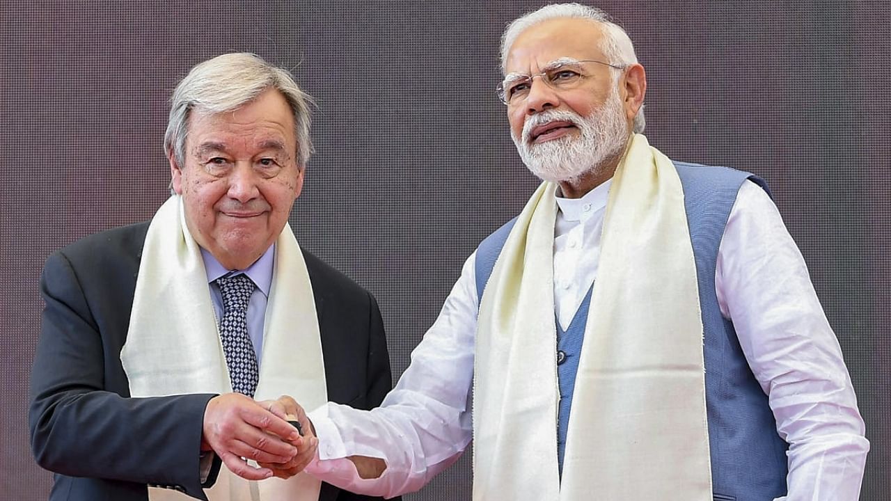 Prime Minister Narendra Modi with United Nations Secretary-General Antonio Guterres during the global launch of Mission LiFE, in Kevadia, Thursday, October 20, 2022. Credit: PTI Photo
