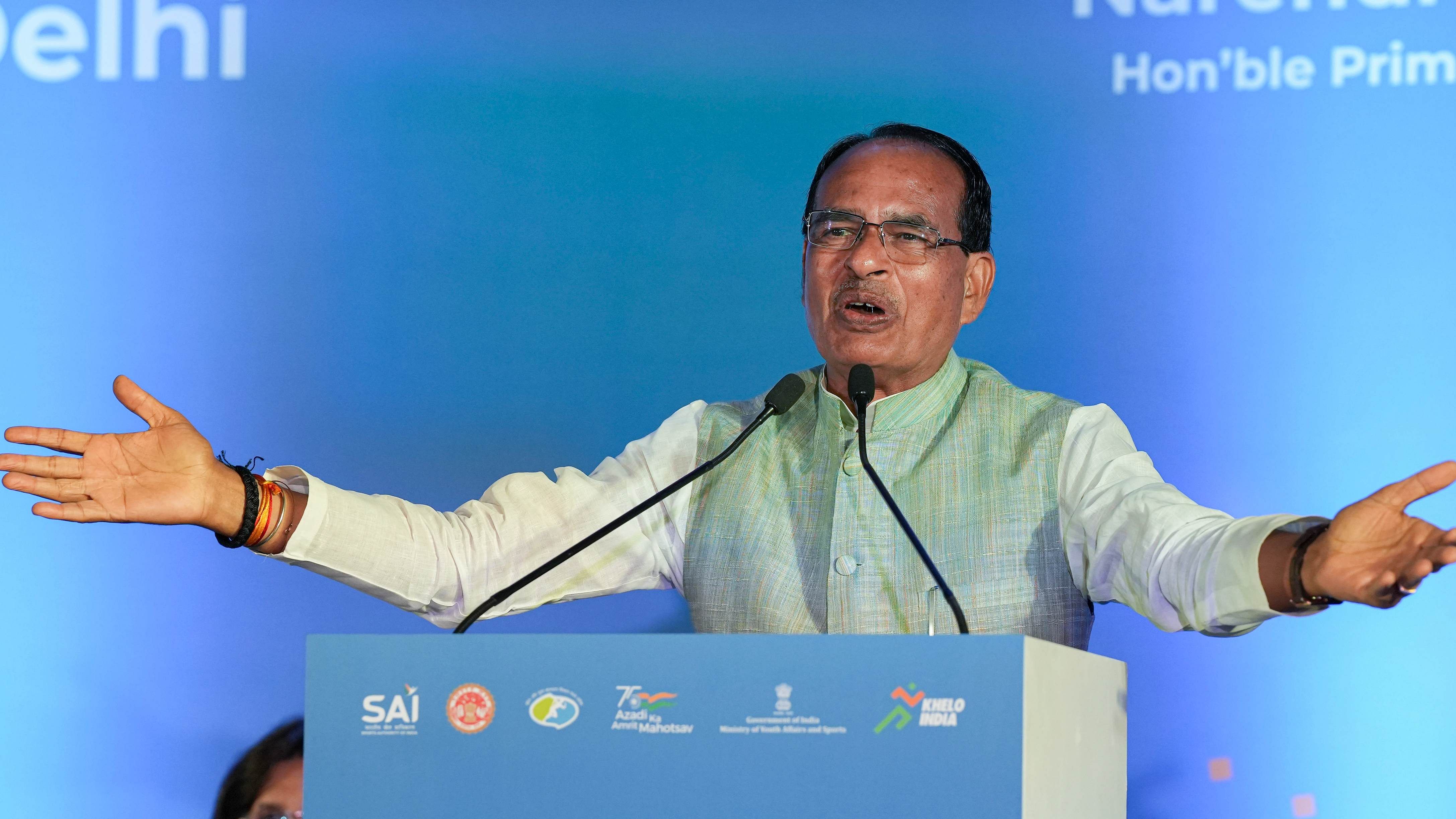 Madhya Pradesh Chief Minister Shivraj Singh Chouhan speaks during the announcement ceremony of the Khelo India Youth Games 2022. Credit: PTI Photo
