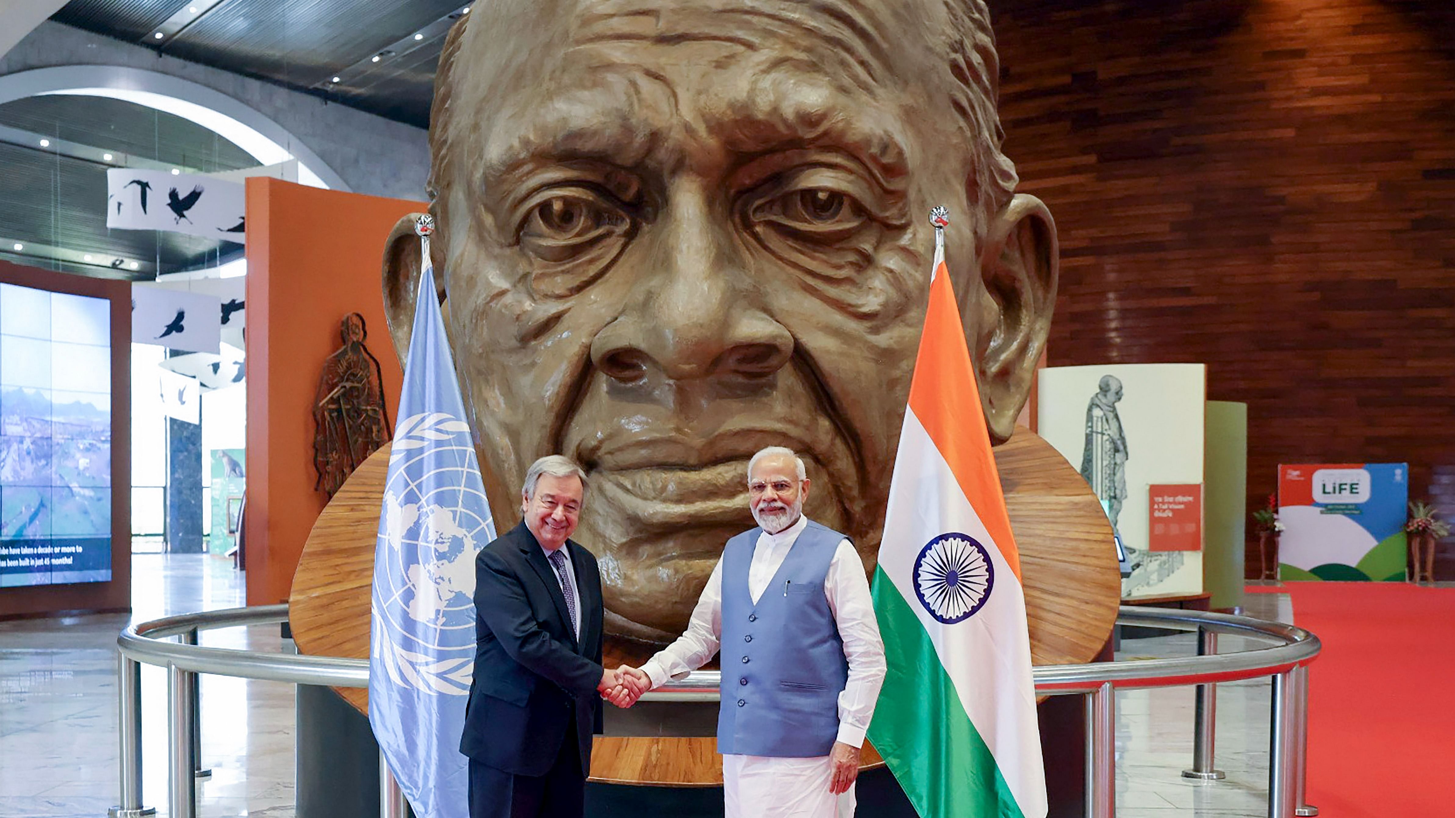 Prime Minister Narendra Modi with United Nations Secretary-General Antonio Guterres during the global launch of Mission LiFE, in Kevadia. Credit: PTI Photo