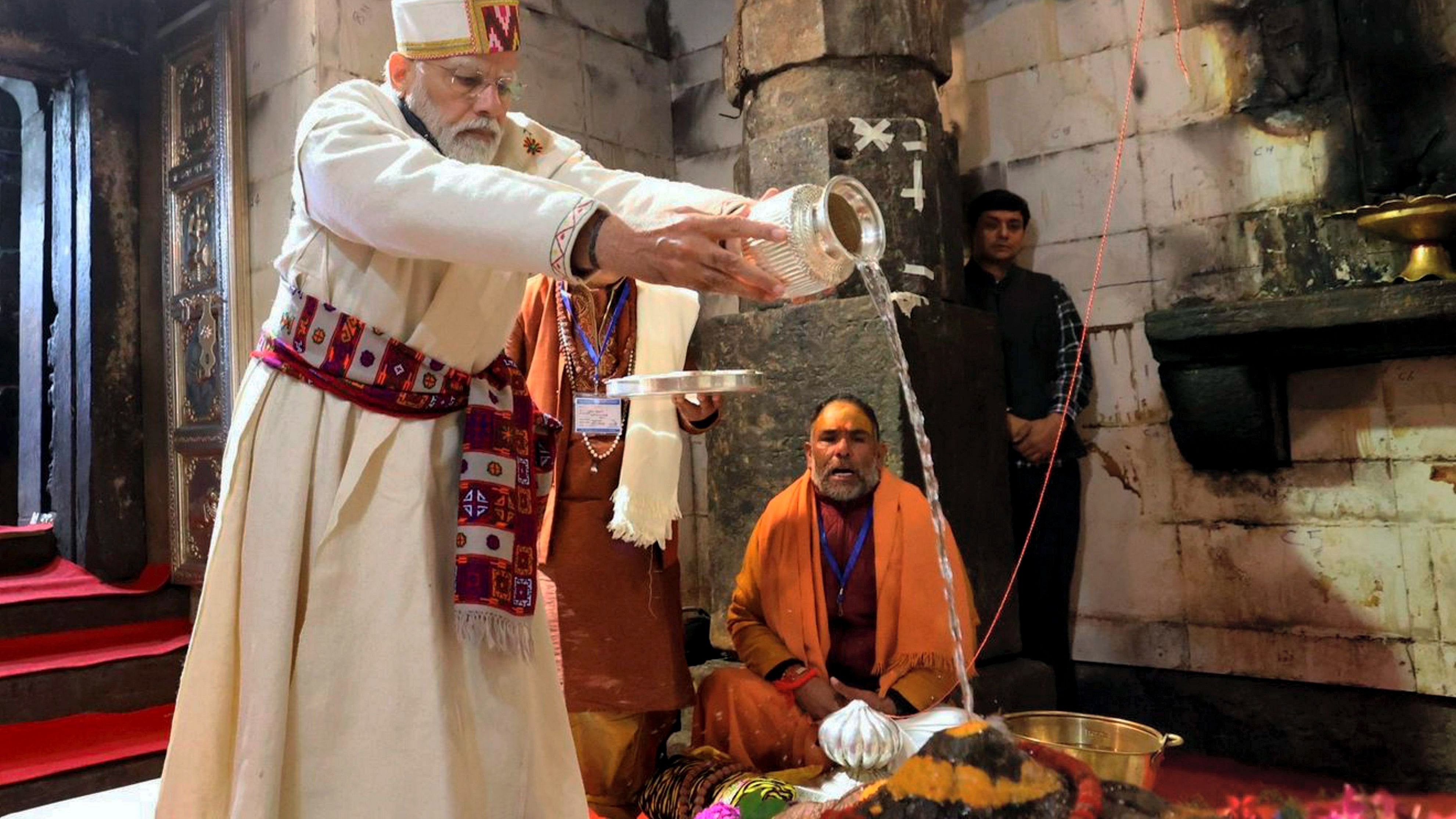Modi offers prayers at the Kedarnath temple. Credit: PTI Photo