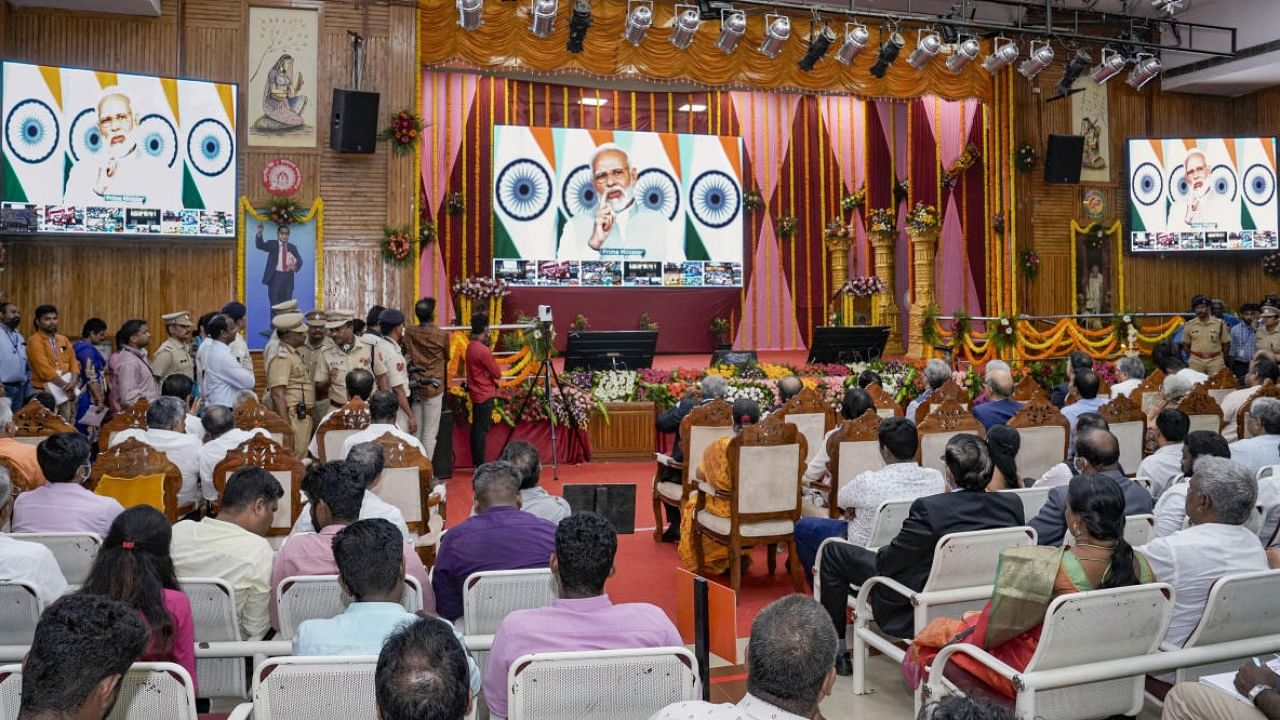Prime Minister Narendra Modi addresses the launch of 'Rozgar Mela', a drive to recruit 10 lakh people, via video conferencing from New Delhi, at ICF in Chennai. Credit: PTI Photo