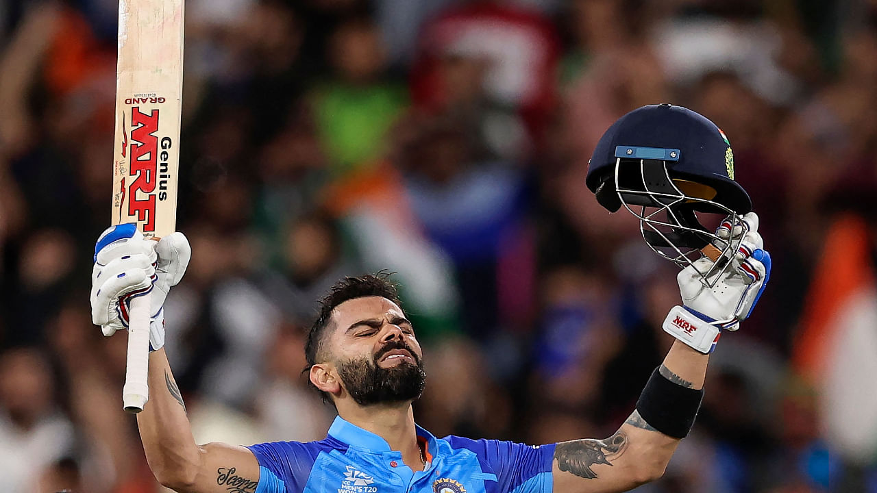 India's Virat Kohli celebrates after their win during the ICC men's Twenty20 World Cup 2022 cricket match between India and Pakistan at Melbourne Cricket Ground. Credit; AFP Photo