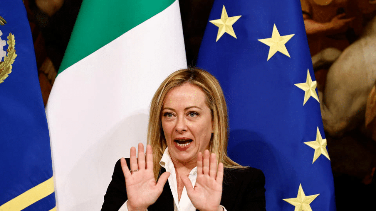 Italian Prime Minister Giorgia Meloni gestures on the day of her first cabinet meeting. Credit: Reuters Photo