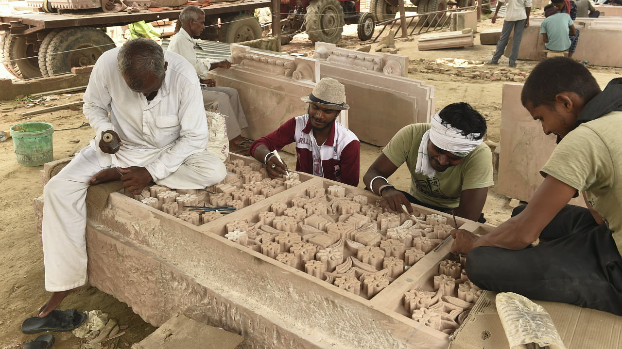  Workers prepare stones for the construction of Shri Ram Janmbhoomi temple, at a workshop in Ayodhya, Monday, Aug. 22, 2022. Credit: PTI File Photo