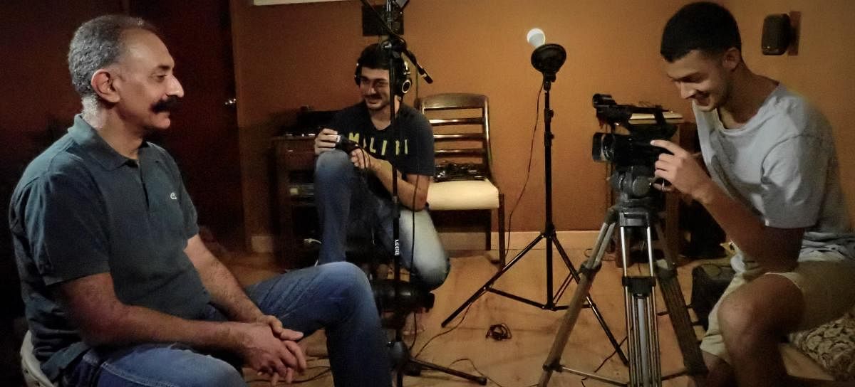 Ranjan, Ahan and Rishabh Kamath at a recording session.