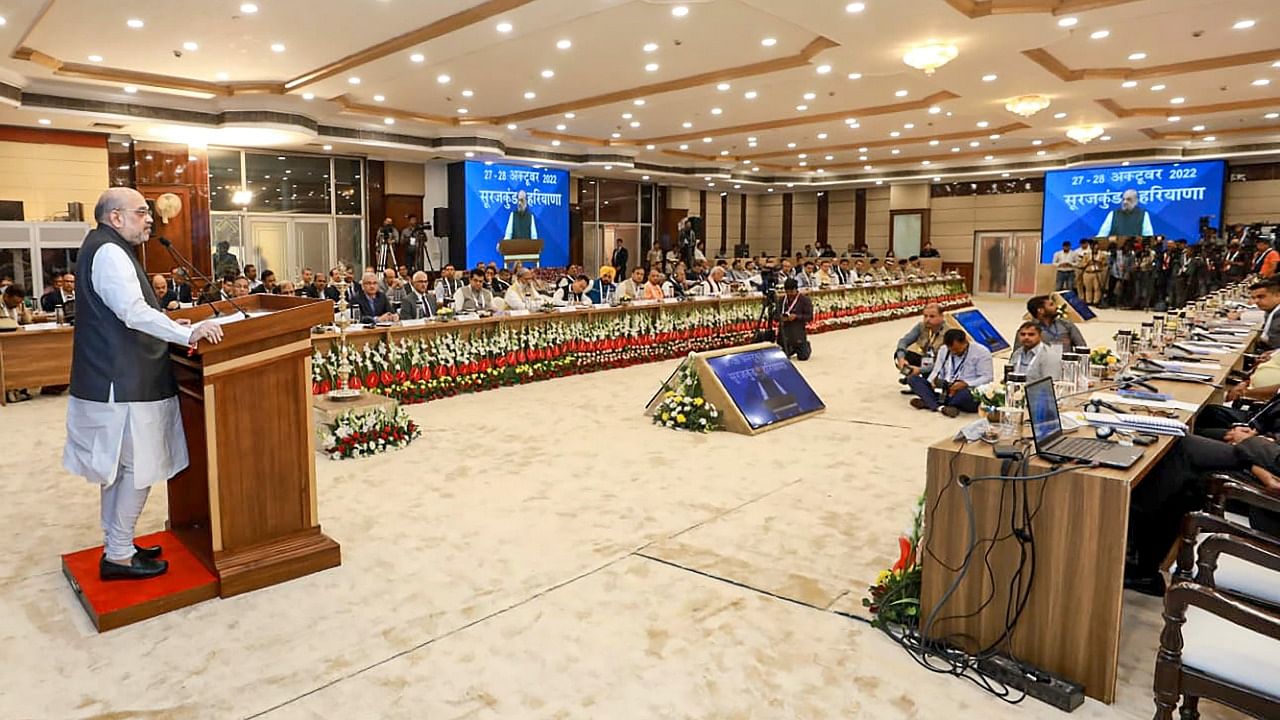 Union Home Minister Amit Shah addresses during 'Chintan Shivir' of home ministers of all states, at Surajkund in Faridabad. Credit: PTI Photo