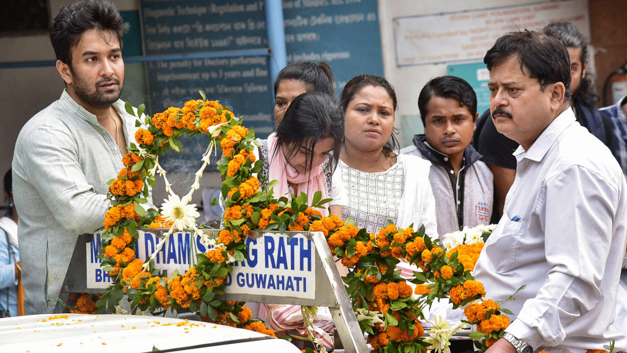 Mortal remains of veteran actor Nipon Goswami being taken to his residence. Credit: PTI Photo