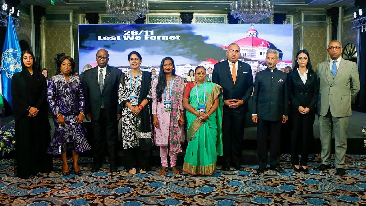 External Affairs Minister S Jaishankar with UNSC delegates before a special meeting of the United Nations Security Council’s Counter Terrorism Committee (CTC) in Mumbai. Credit: PTI Photo