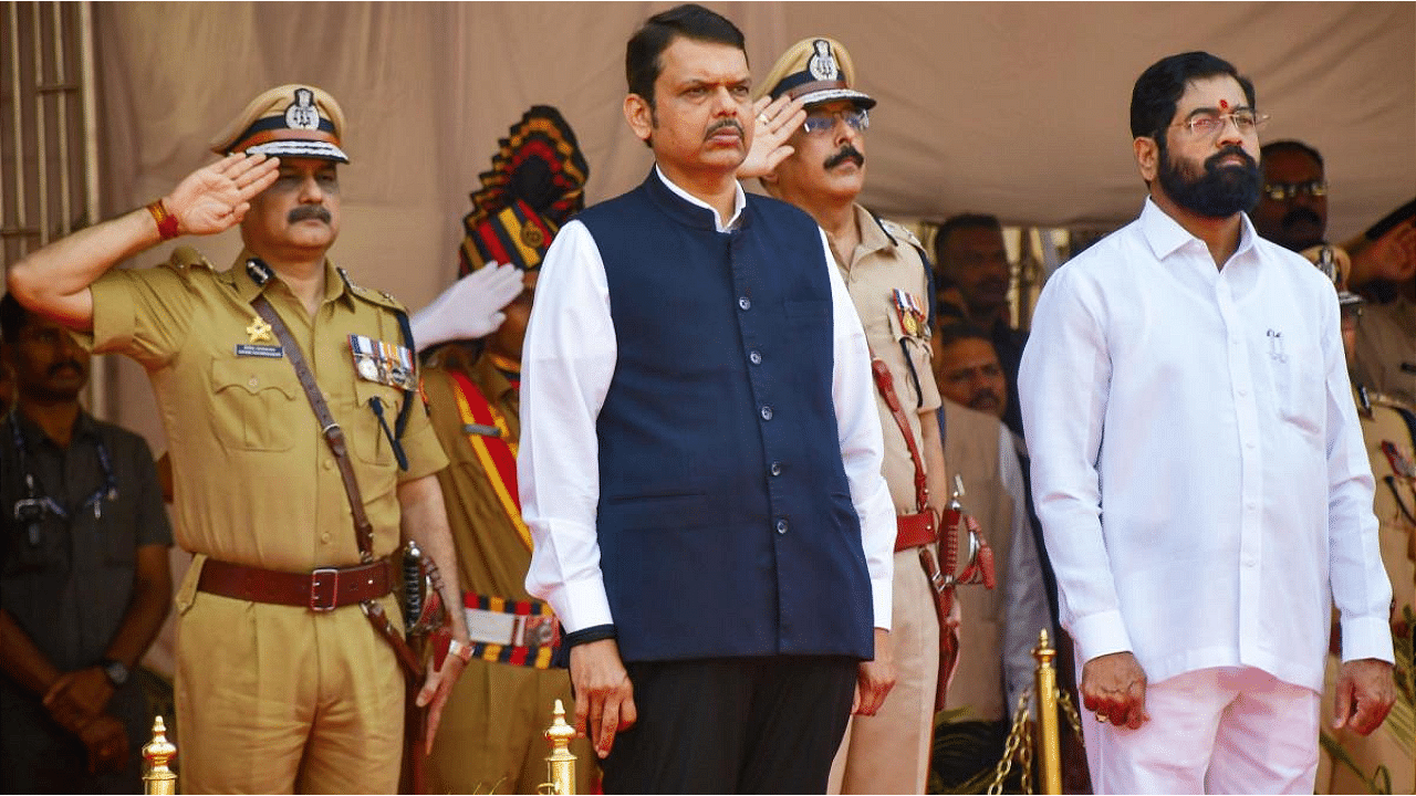 Maharashtra Chief Minister Eknath Shinde with Deputy Chief Minister Devendra Fadnavis. Credit: PTI Photo