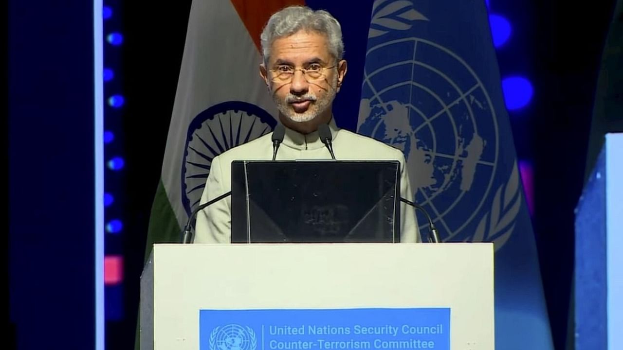 External Affairs Minister S Jaishankar addresses during a special meeting of the United Nations Security Council’s Counter Terrorism Committee. Credit: PTI Photo