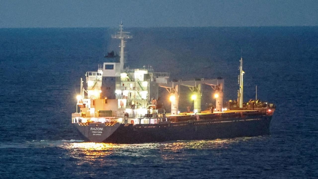 The Sierra Leone-flagged cargo ship Razoni, carrying Ukrainian grain in the Black Sea off Kilyos, near Istanbul. Credit: Reuters Photo