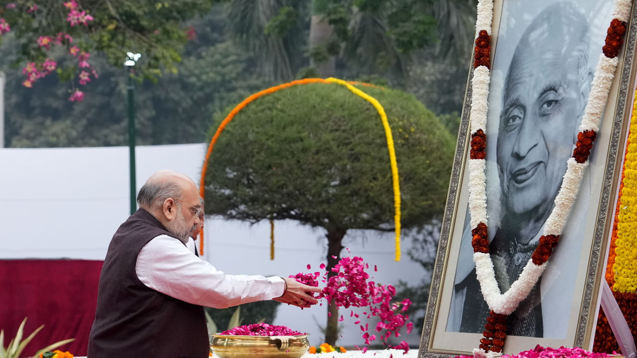 Home Minister Amit Shah pays homage to Sardar Vallabhbhai Patel on his birth anniversary, at Patel Chowk, in New Delhi. Credit: PTI Photo