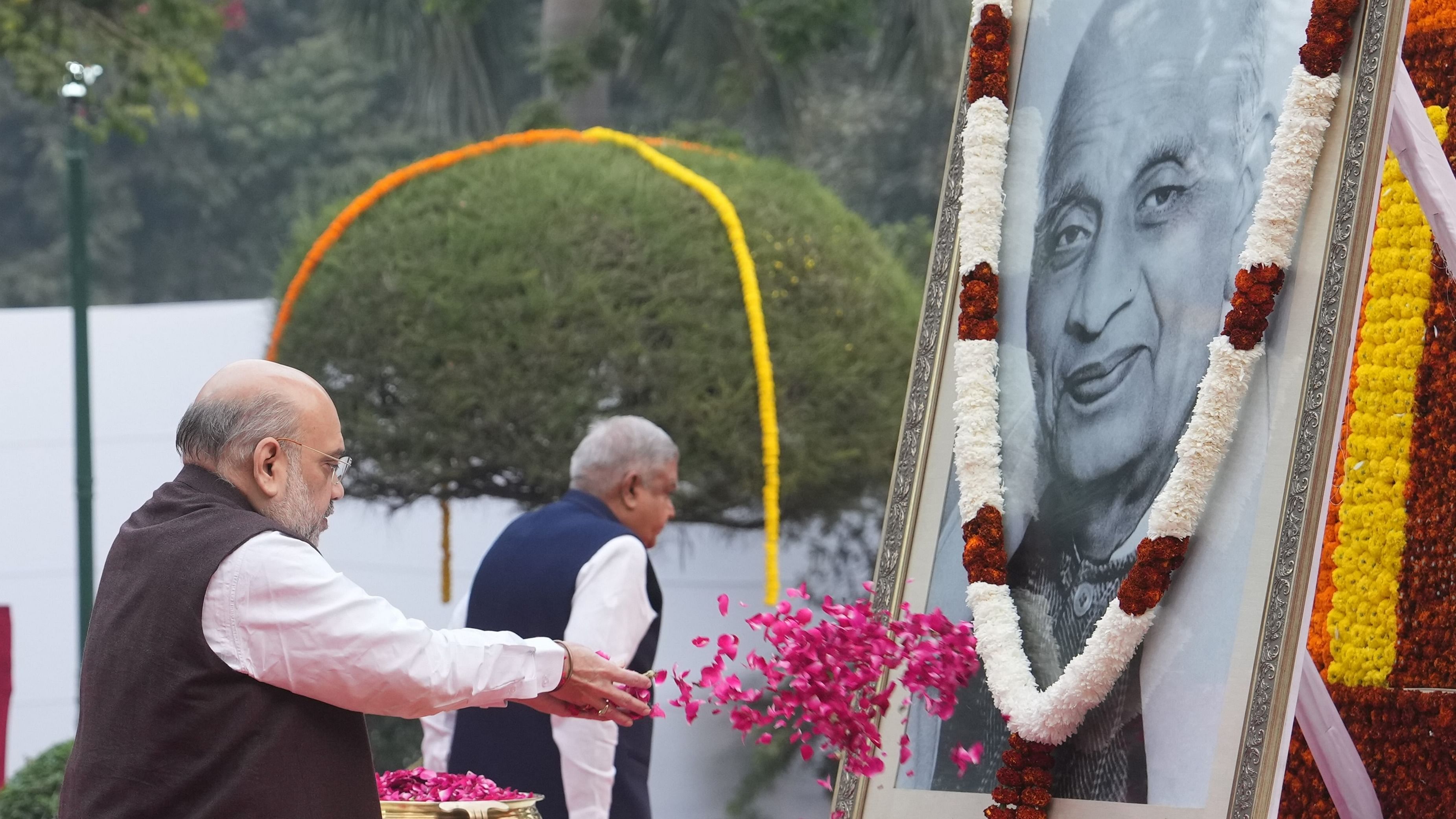 Union Home Minister Amit Shah pays homage to Sardar Vallabhbhai Patel on his birth anniversary, at Patel Chowk in New Delhi. Credit: PTI Photo