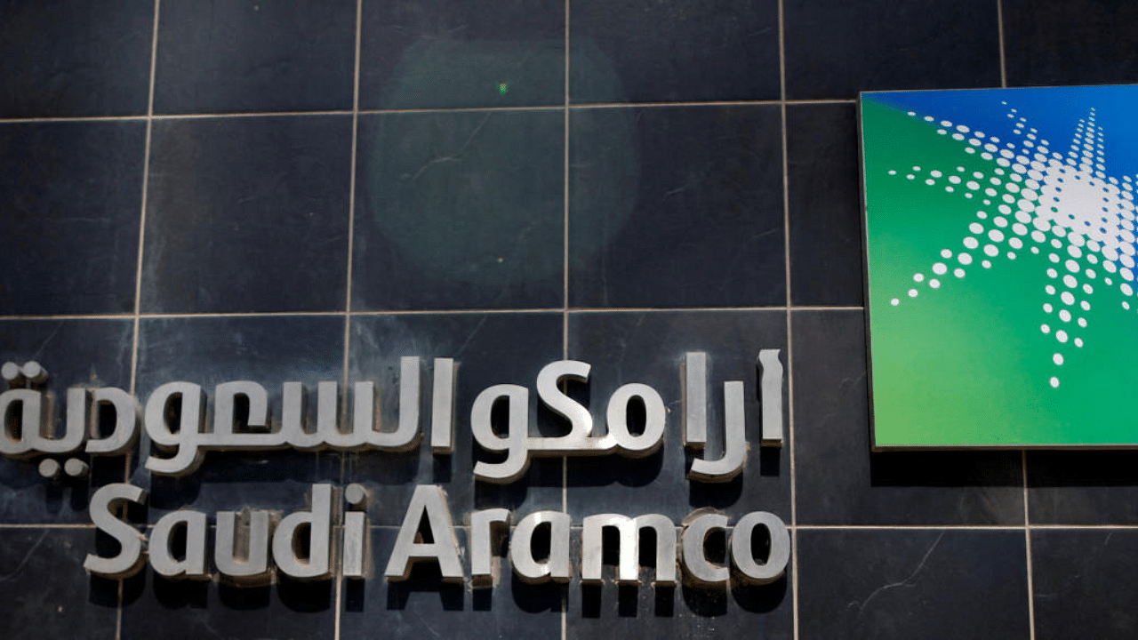 The Saudi Aramco logo visible at headquarters. Credit: Reuters Photo